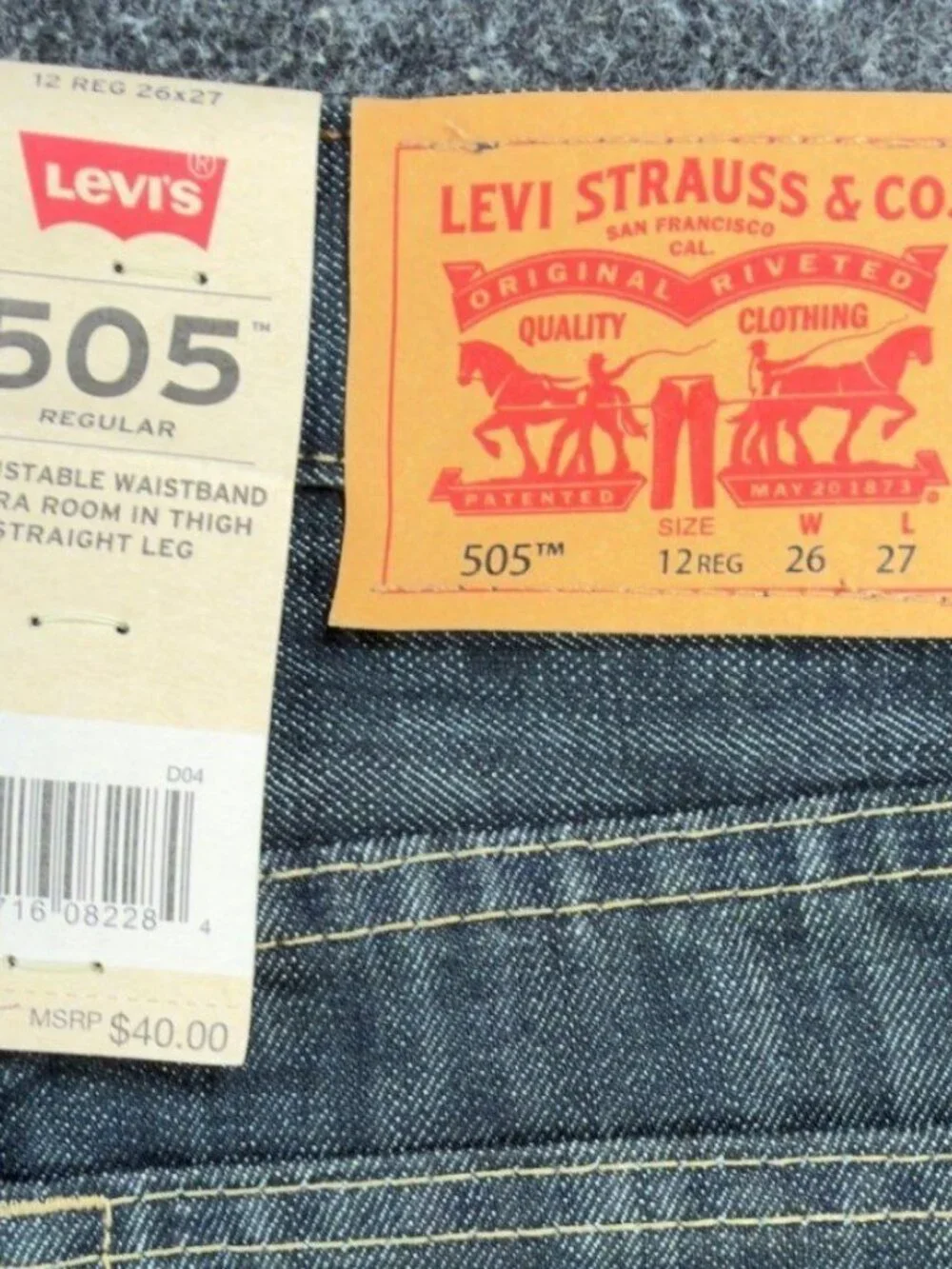 Levi's 505 Jeans Boys 12 Reg Dark Wash Cotton Blend Straight Adjustable NWT